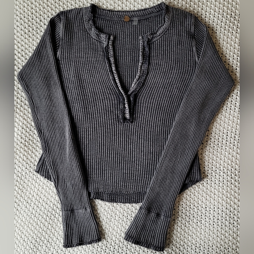 Free People One Colt Long Sleeve Waffle Knit Henley In Charcoal Gray
